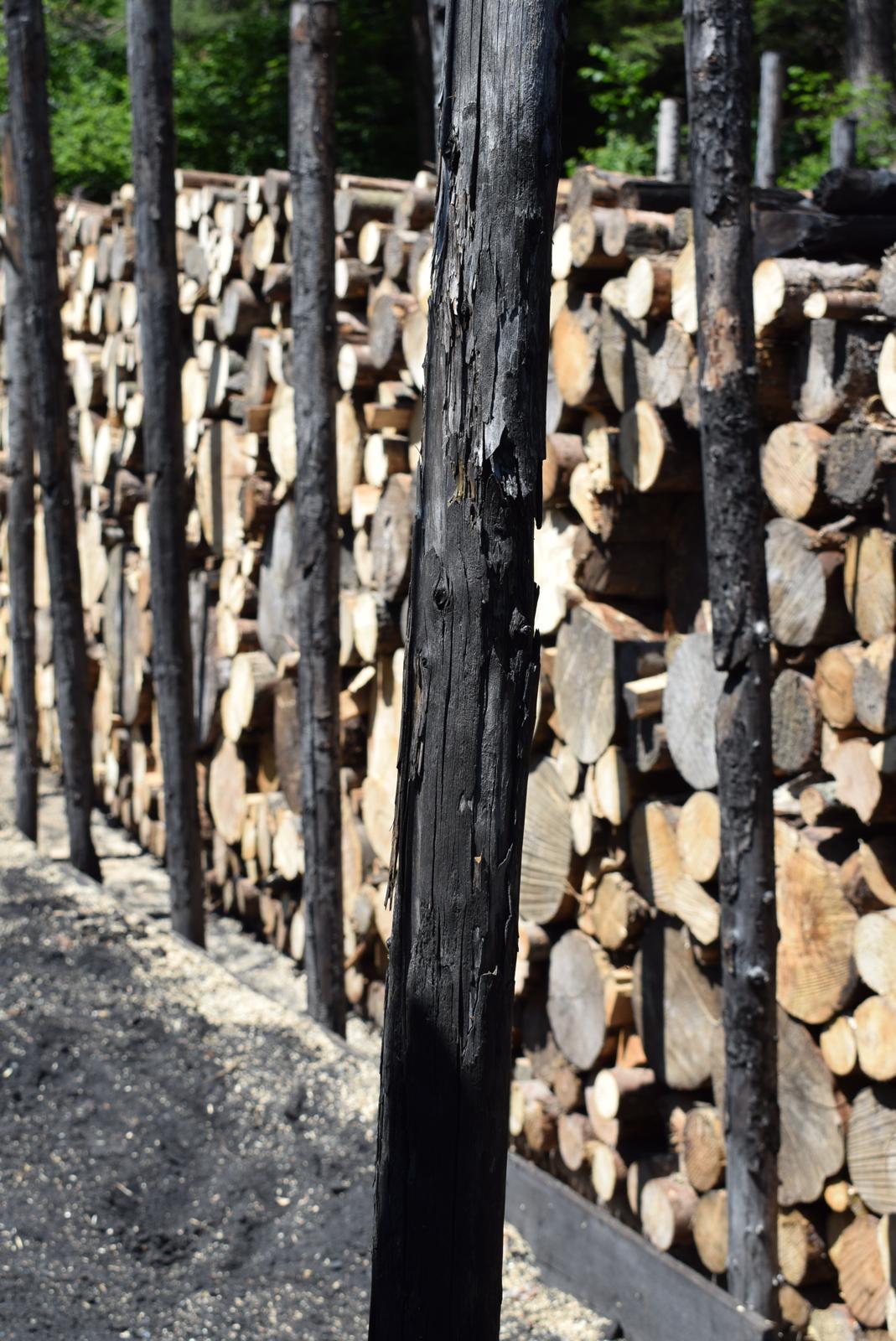 Holzstapel mit verkohlten Stützpfosten